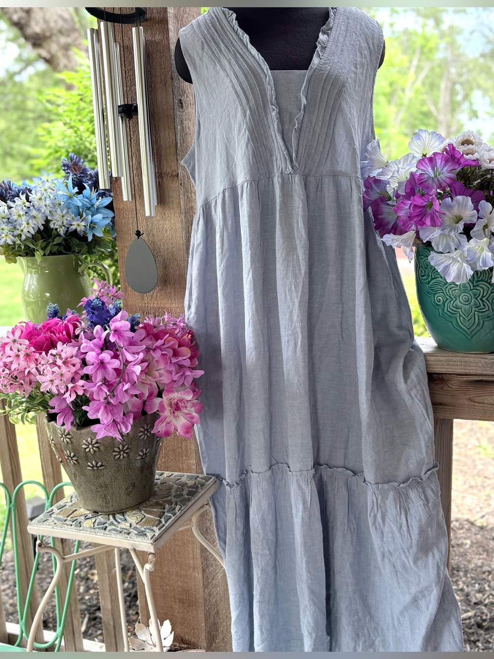 Linda Anderson Prairie Blue Rayon/Linen Soft Chambray Ruffle Detail Maxi Dress